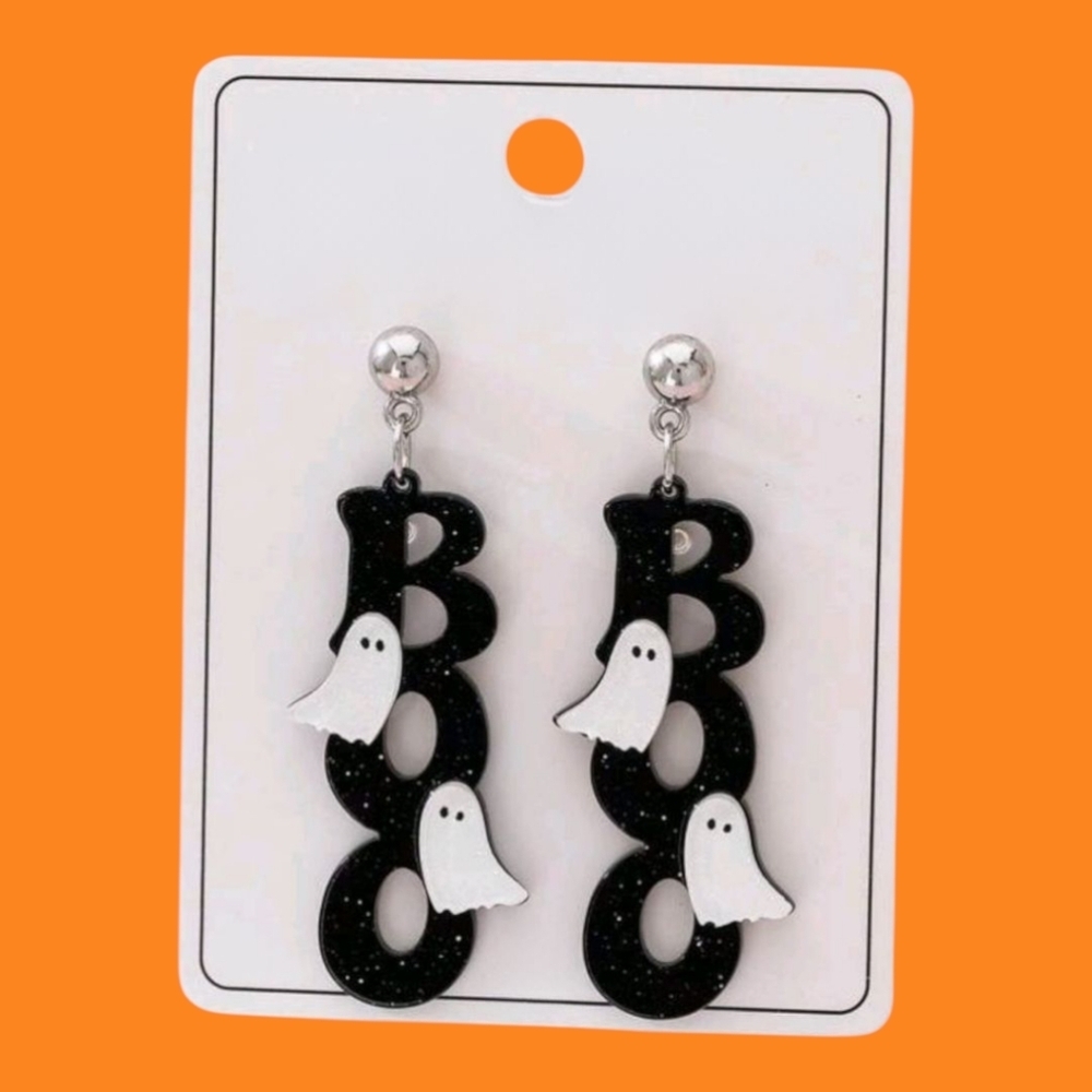 Acrylic Black Boo Earrings With White Ghosts.